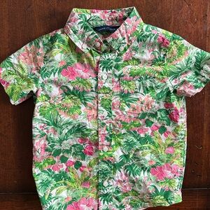 Janie and Jack Green and Pink Floral Boys Hawaiian Shirt 3T
